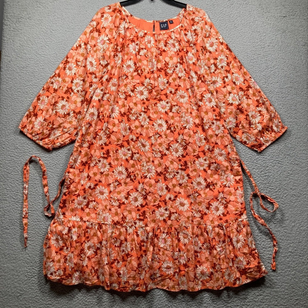 GAP Floral Mini Dress Womens‎ XL Tall Orange Pink 3/4 Sleeve Flounce Cotton